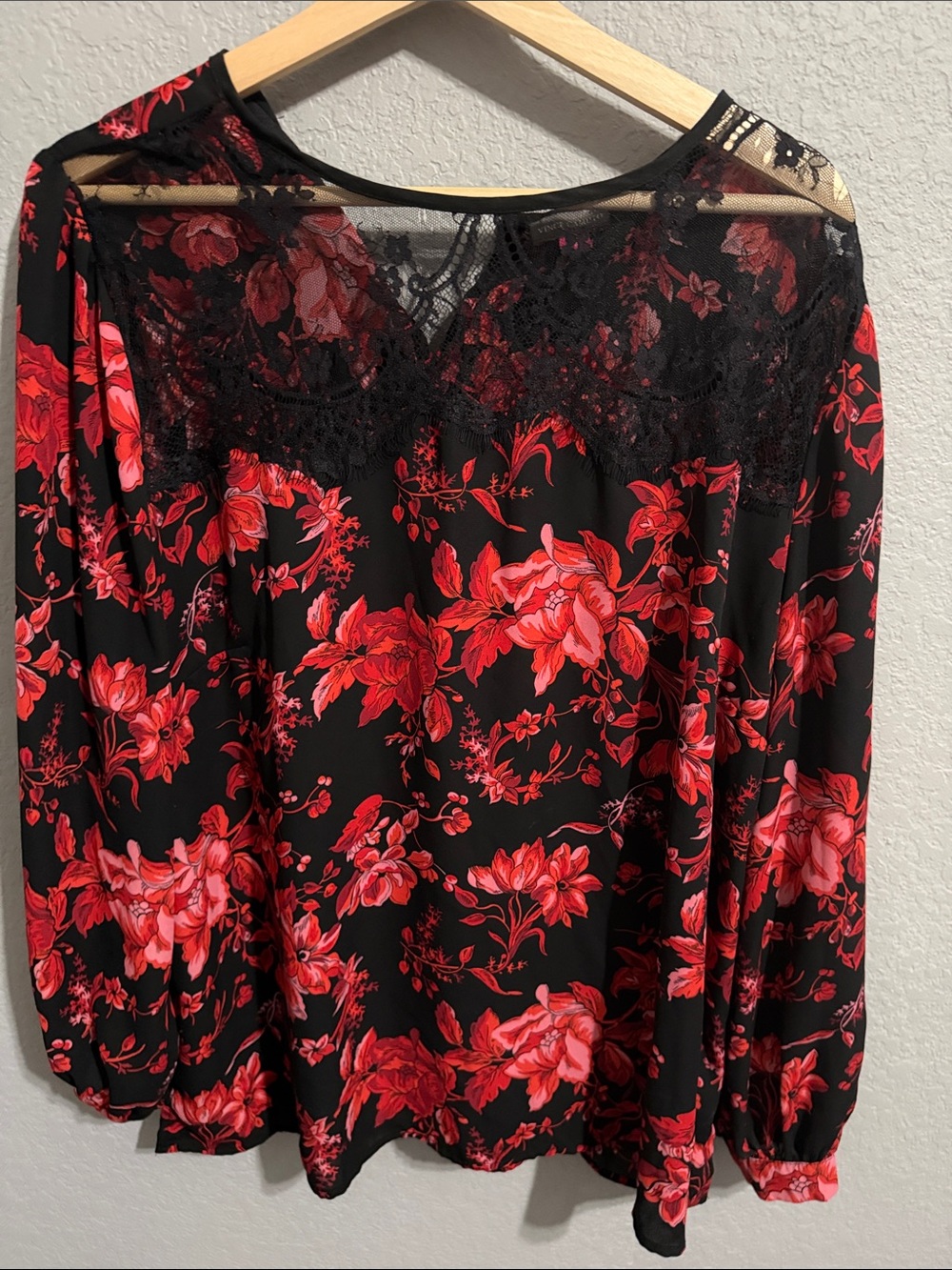 Vince Camuto Black Blouse with Red Floral Print & Lace Yoke